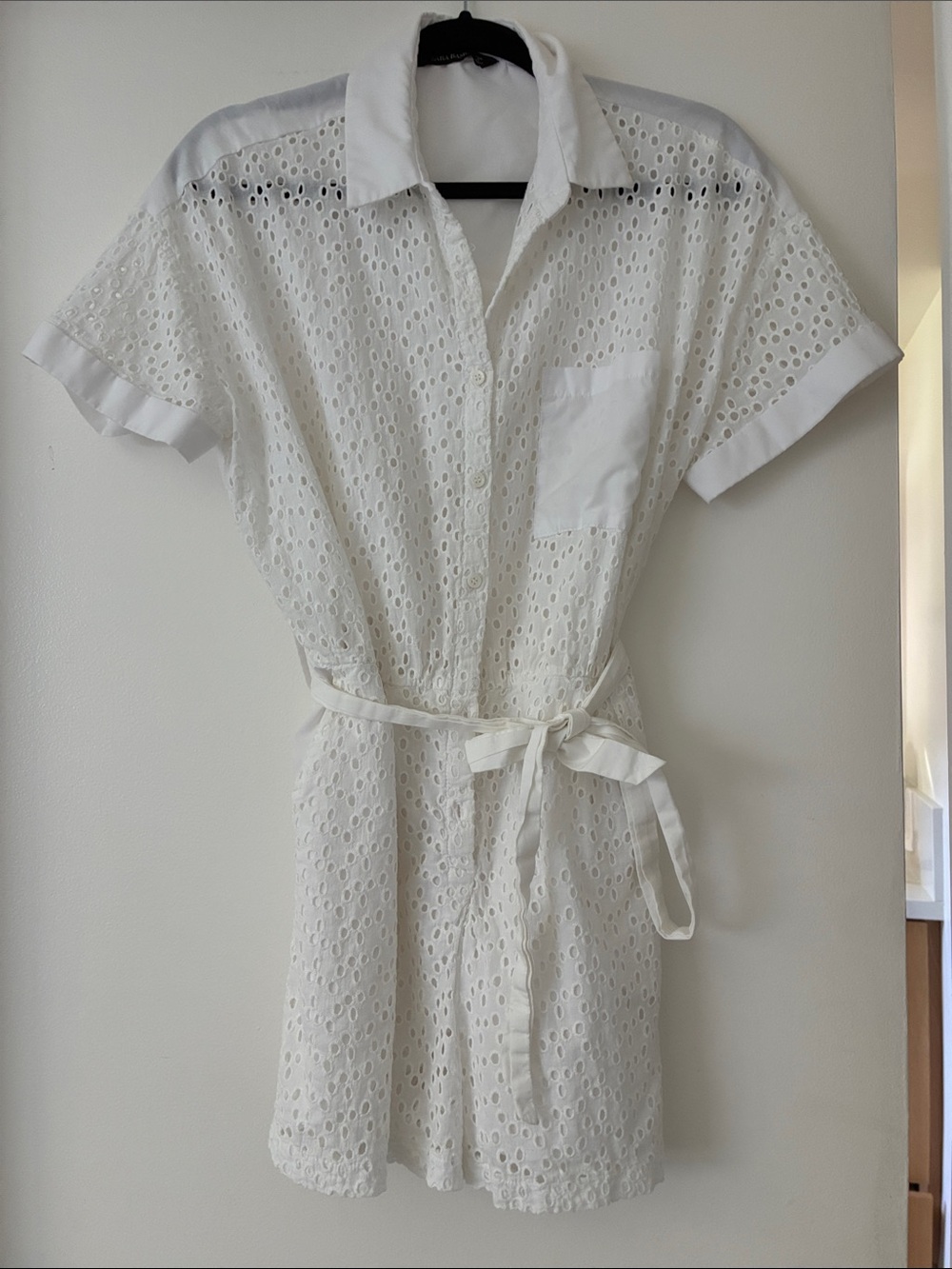Zara White Eyelet Mini Shirt Dress with Tie romper